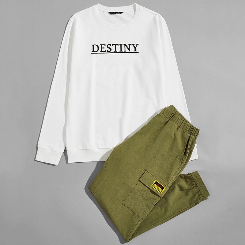 

Guys Letter Graphic Pullover & Patch Detail Cargo Pants Set, Multicolor