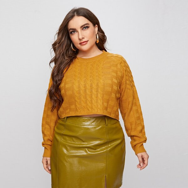 

Plus Cable Knit Crop Sweater, Mustard yellow
