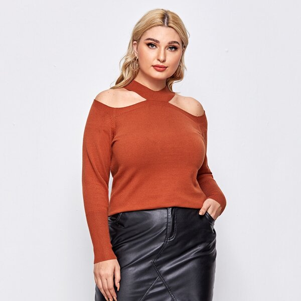

Plus Cold Shoulder Solid Sweater, Burnt orange
