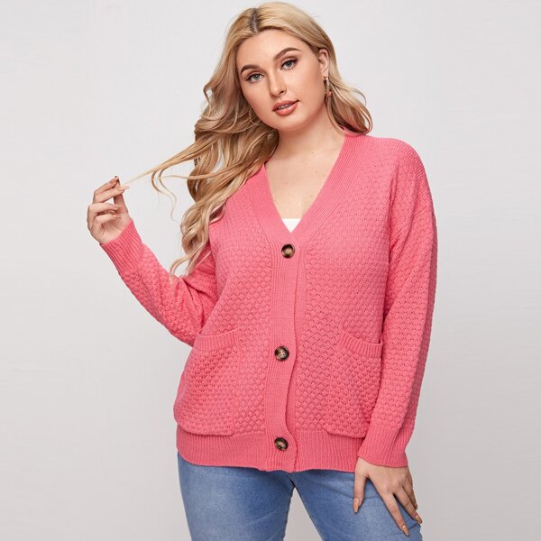 

Plus Single Breasted Patch Pocket Cardigan, Bright watermelon pink