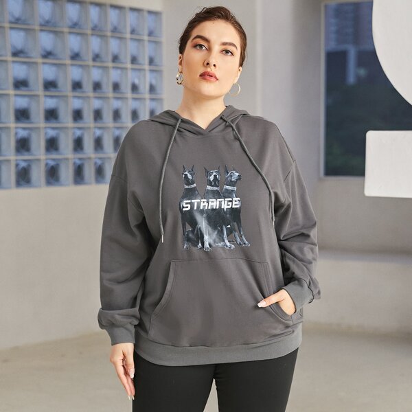 

Plus Pouch Pocket Dog & Letter Graphic Hoodie, Dark grey