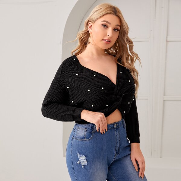 

Plus Twist Front Pearl Beaded Crop Sweater, Black