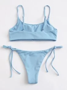 Plain Tie Side Bikini Set Summer Beach - Baby Blue - View 2