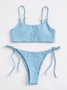 Plain Tie Side Bikini Set Summer Beach - Baby Blue - View 3