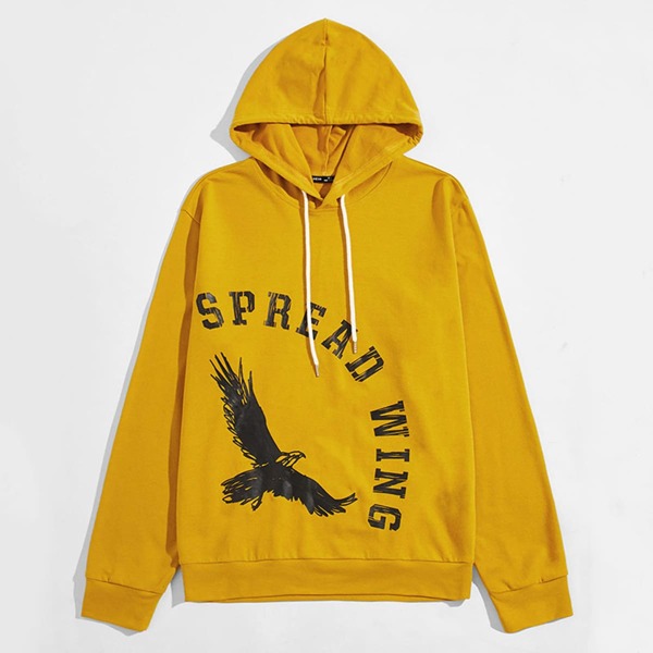 

Men Drawstring Eagle & Letter Graphic Hoodie, Mustard yellow