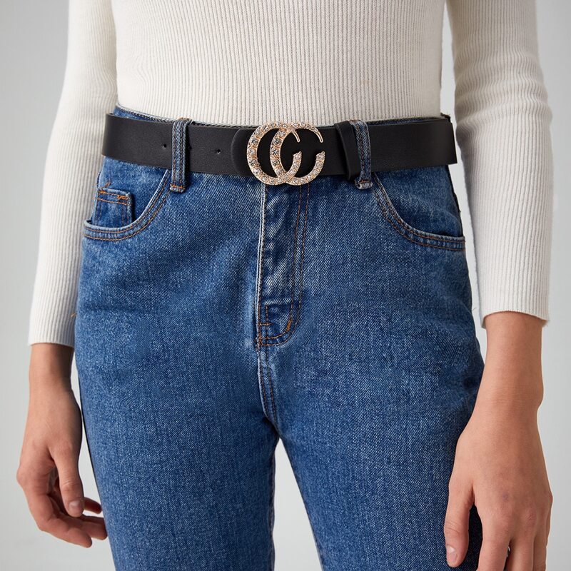 

Rhinestone Ring Buckle Belt, Black