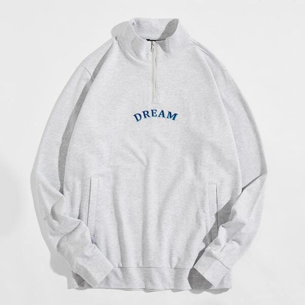 

Men Zipper Half Placket Letter Embroidered Sweatshirt, Light grey