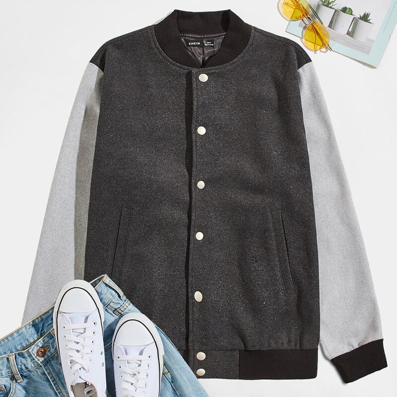 

Guys Single Breasted Colorblock Bomber Jacket, Dark grey