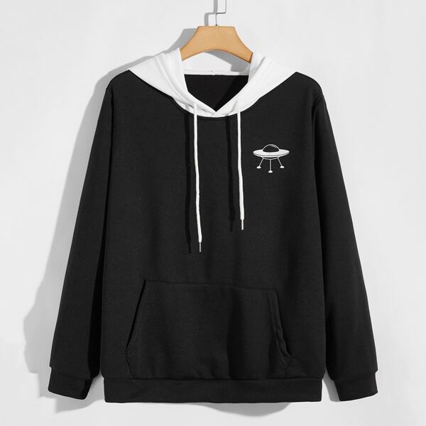 

Men Planet Print Drawstring Hoodie, Black