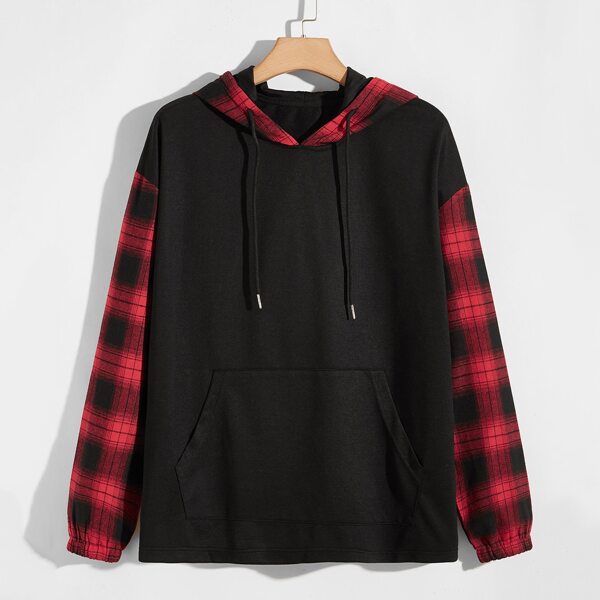 

Men Tartan Spliced Drawstring Hooded Sweatshirt, Black