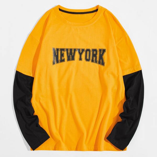 

Men 2 In 1 Contrast Sleeve Letter Graphic Tee, Yellow bright