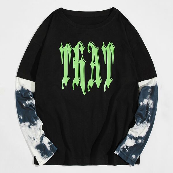 

Men 2 In 1 Tie Dye Sleeve Letter Graphic Tee, Black