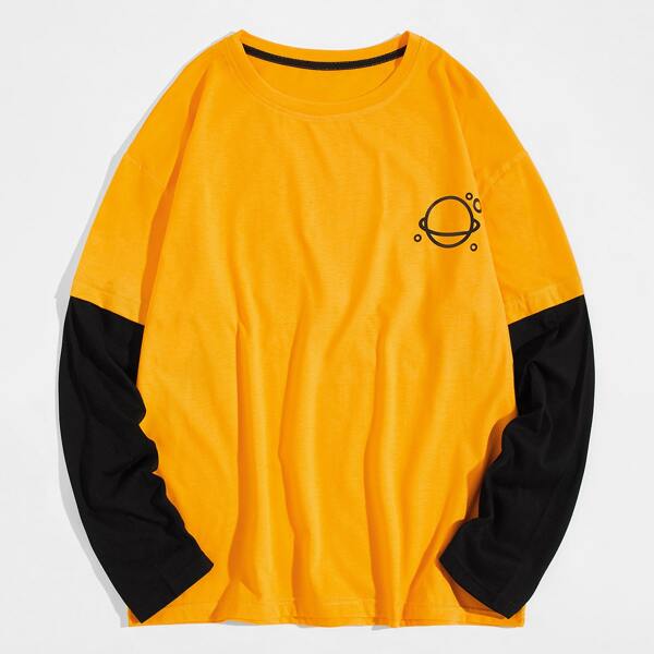 

Men 2 In 1 Contrast Sleeve Cartoon Graphic Tee, Yellow bright