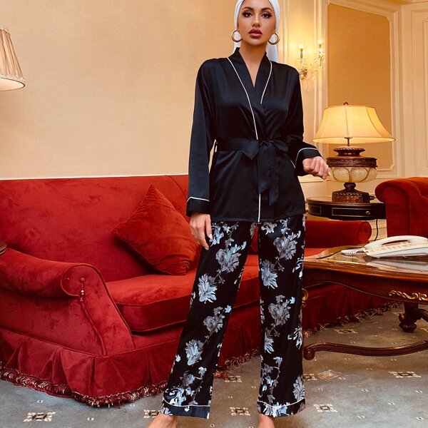 

Satin Contrast Piping Belted Top With Floral Pants Night Set, Black