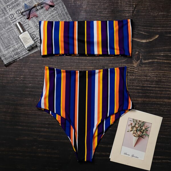 

Striped Bandeau High Waisted Bikini Swimsuit, Multicolor