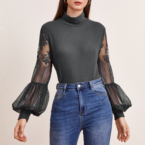 

Mock Neck Lace Lantern Sleeve Waffle Knit Top, Dark grey