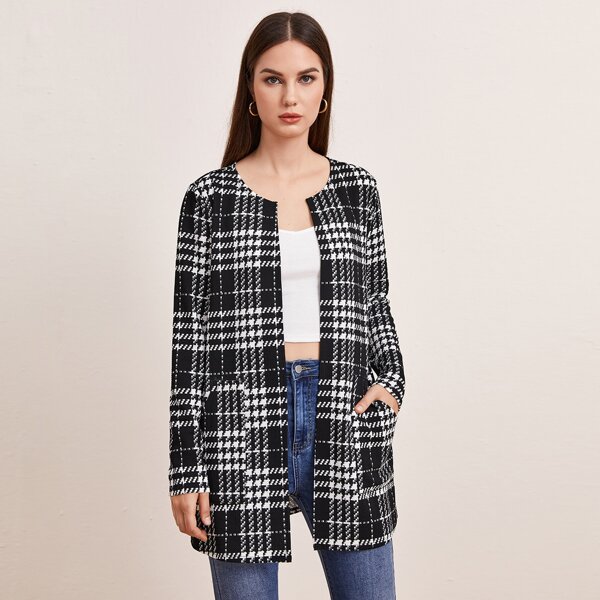 

Open Front Patch Pocket Plaid Coat, Black and white