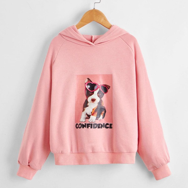 

Girls Letter & Cartoon Graphic Raglan Sleeve Hoodie, Dusty pink