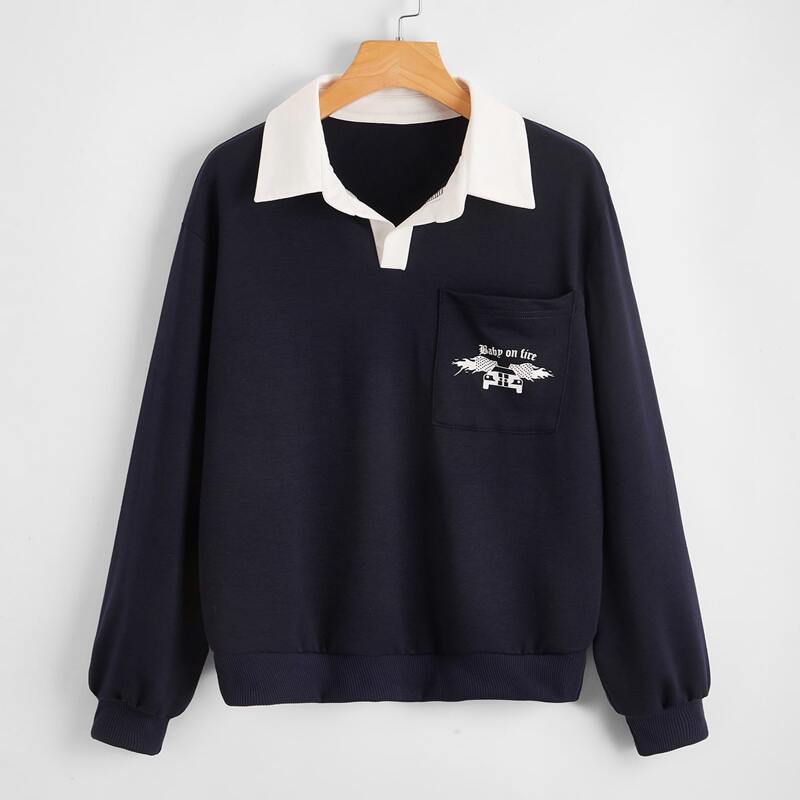 

Contrast Collar Letter Graphic Sweatshirt, Navy blue