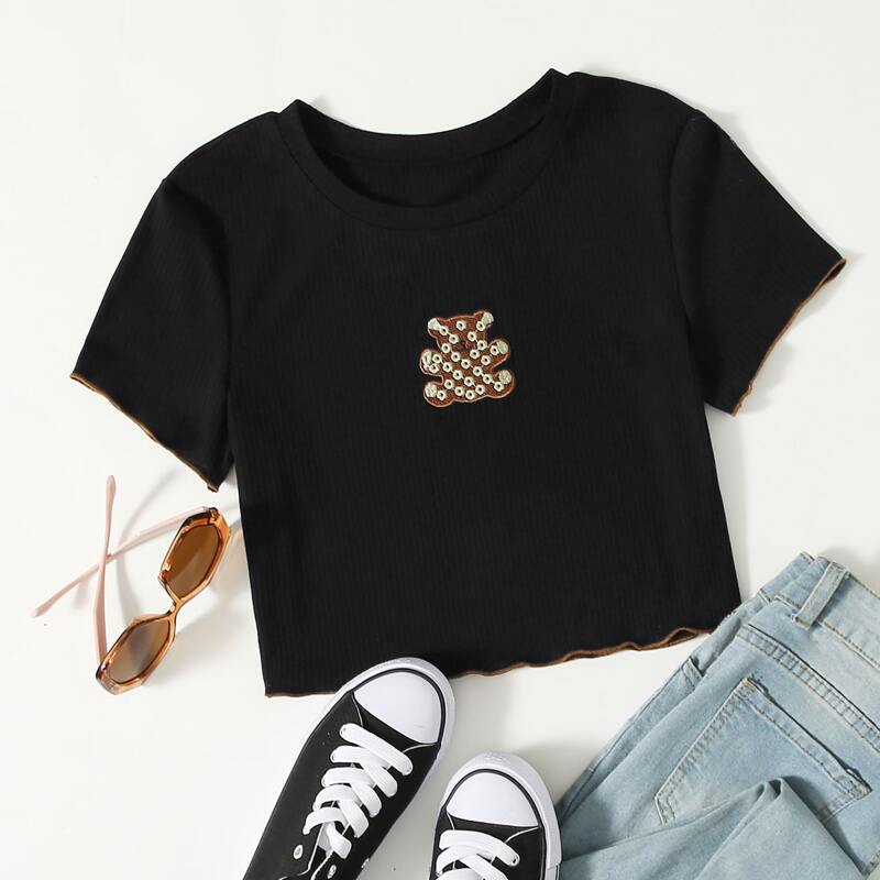 

Bear Embroidery Rib Crop Tee, Black