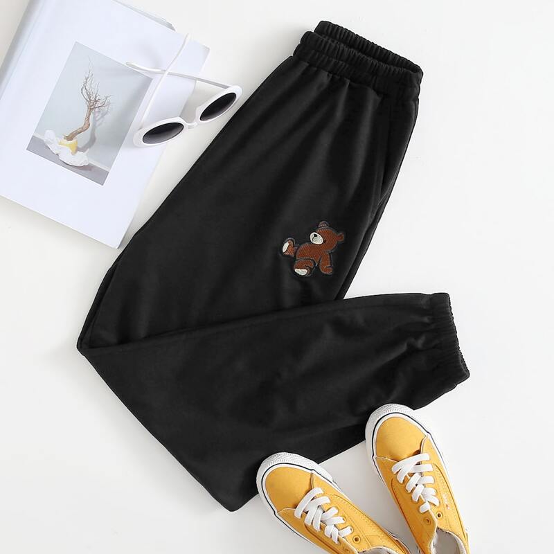 

Cartoon Bear Embroidery Joggers, Black