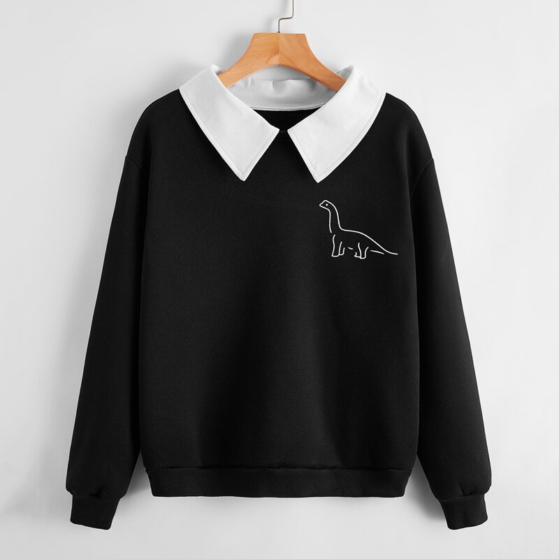 

Cartoon Dinosaur Contrast Collar Sweatshirt, Black