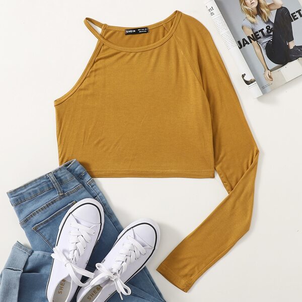 

Asymmetrical Neck Solid Crop Tee, Mustard yellow