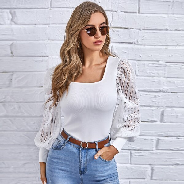 

Square Neck Contrast Lace Bishop Sleeve Top, White