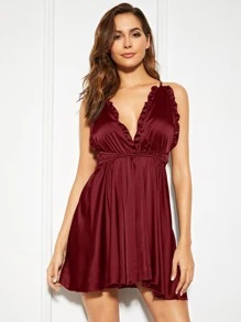 Crisscross Back Frill Trim Satin Slips - Burgundy - View 3
