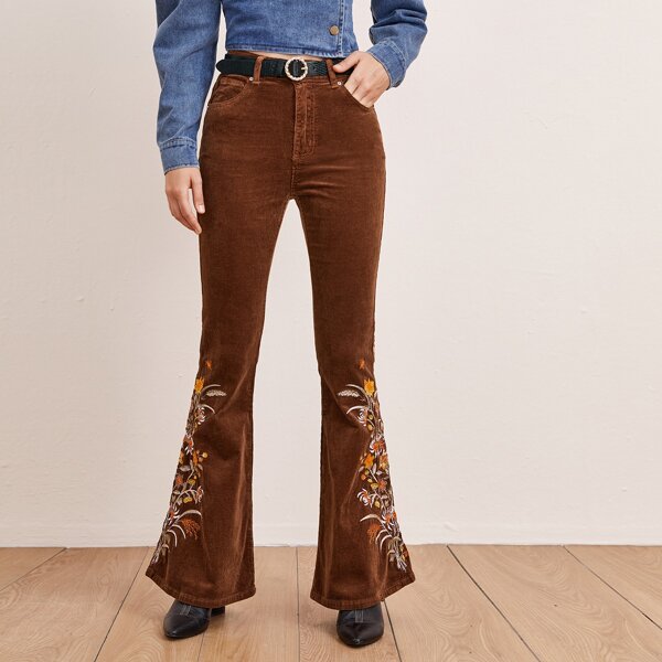 

Embroidered Flower Cord Flare Leg Pants Without Belt, Rust brown
