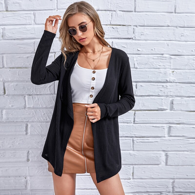 

Open Front Waffle Knit Coat, Black