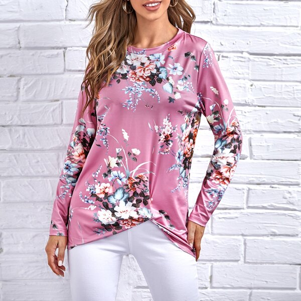 

Floral Print Twist Front Longline Tee, Pink
