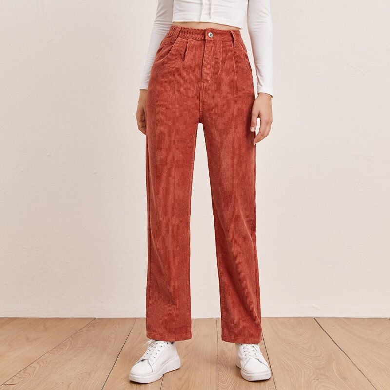

Zip Fly Corduroy Straight Leg Pants, Red