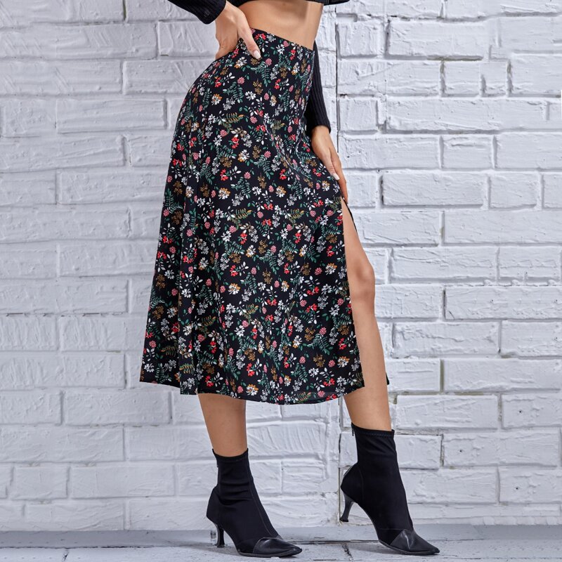 

Allover Floral Print Slit Hem Skirt, Multicolor