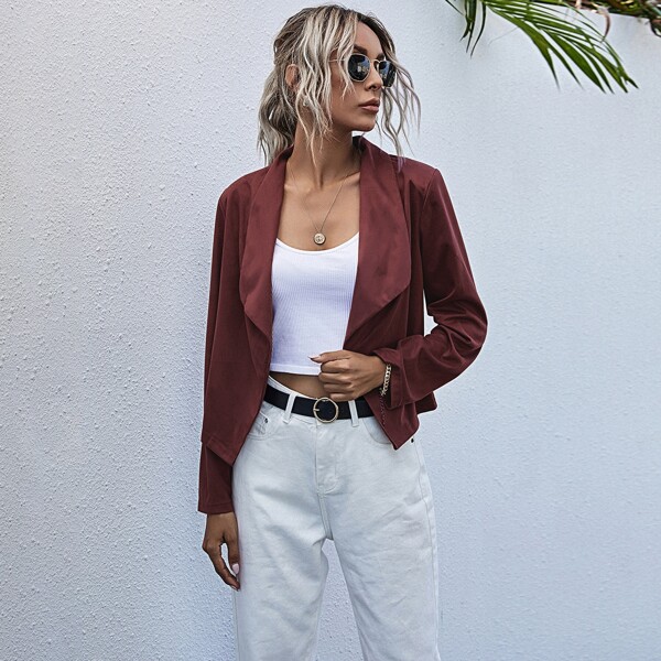 

Waterfall Collar Solid Suede Jacket, Maroon