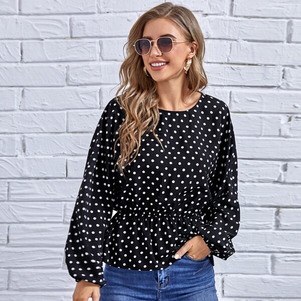 

Polka Dot Bishop Sleeve Peplum Blouse, Black