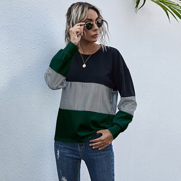 

Drop Shoulder Color-block Plaid Sweatshirt, Multicolor