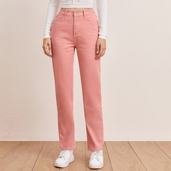 

High Waist Straight Leg Jeans, Pastel coral pink