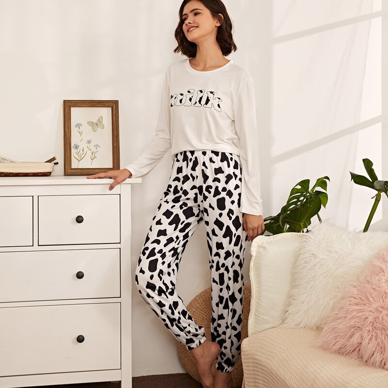 

Letter And Cow Print PJ Set, White