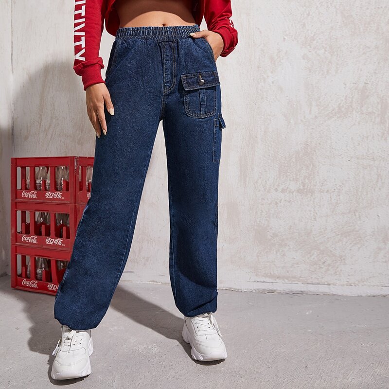 

Elastic Waist Flap Pocket Jogger Jeans, Dark wash