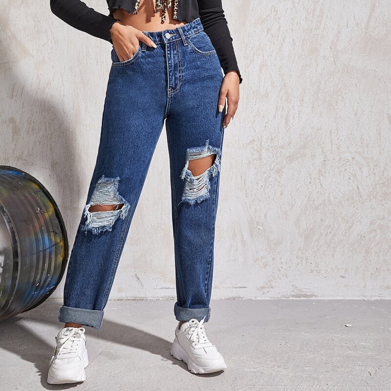 

High Waist Ripped Straight Jeans, Medium wash