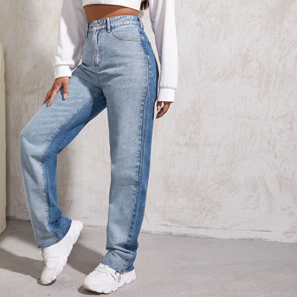 

High Waist Two Tone Boyfriend Jeans, Light wash