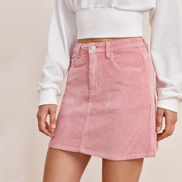 

High Waist Solid Cord Skirt, Coral pink