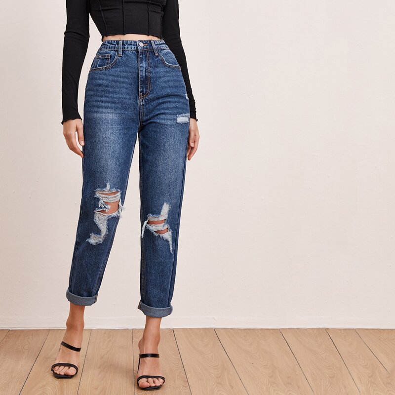 

High-Waisted Ripped Mom Jeans, Medium wash