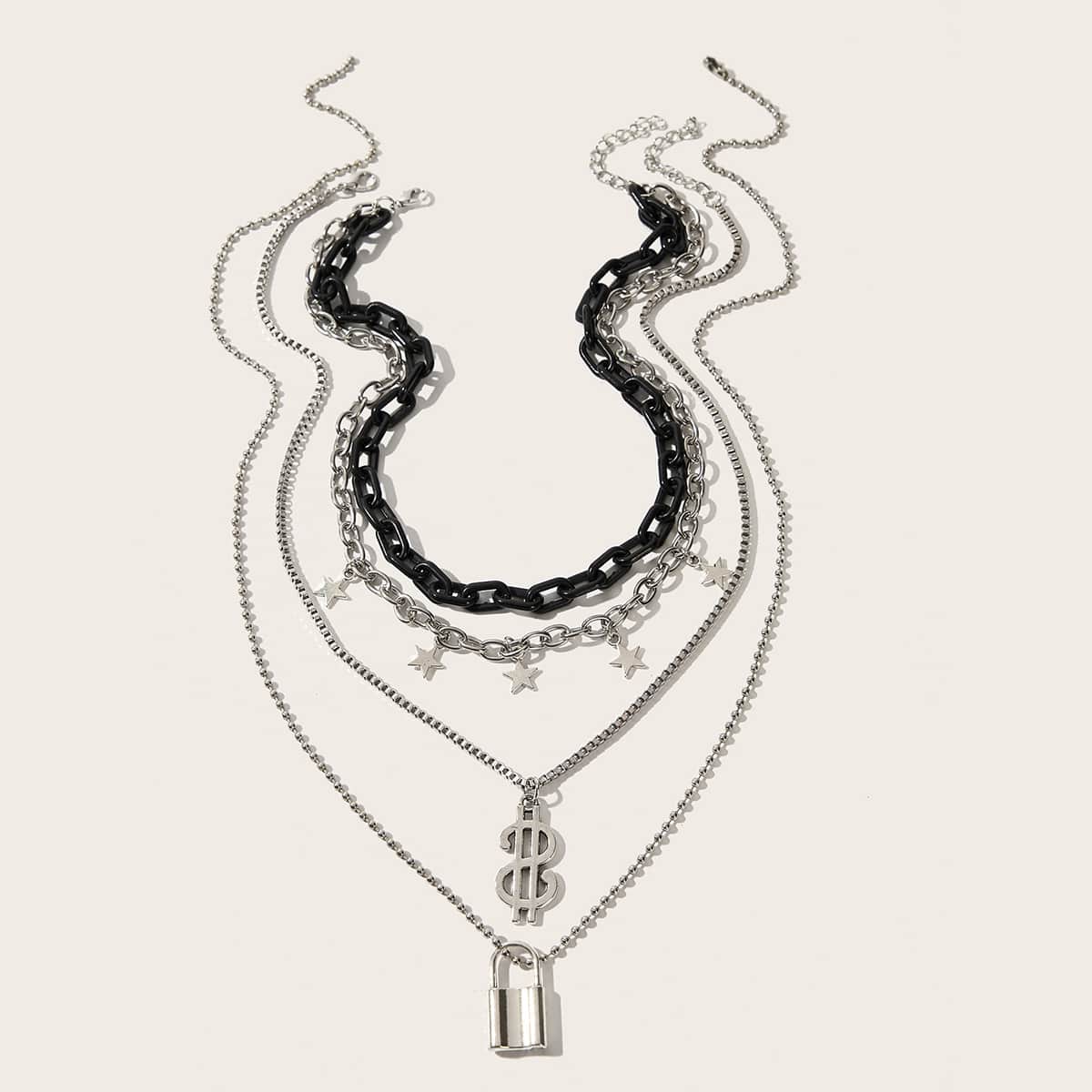 

Lock & Star Layered Chain Necklace, Silver