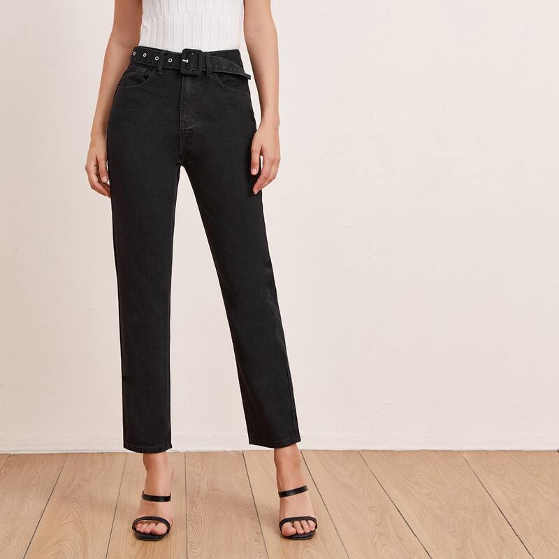 

High Waist Belted Straight Jeans, Black
