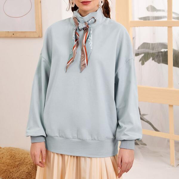 

Drop Shoulder Garment Eyelets Scarf Detail Sweatshirt, Pastel baby blue