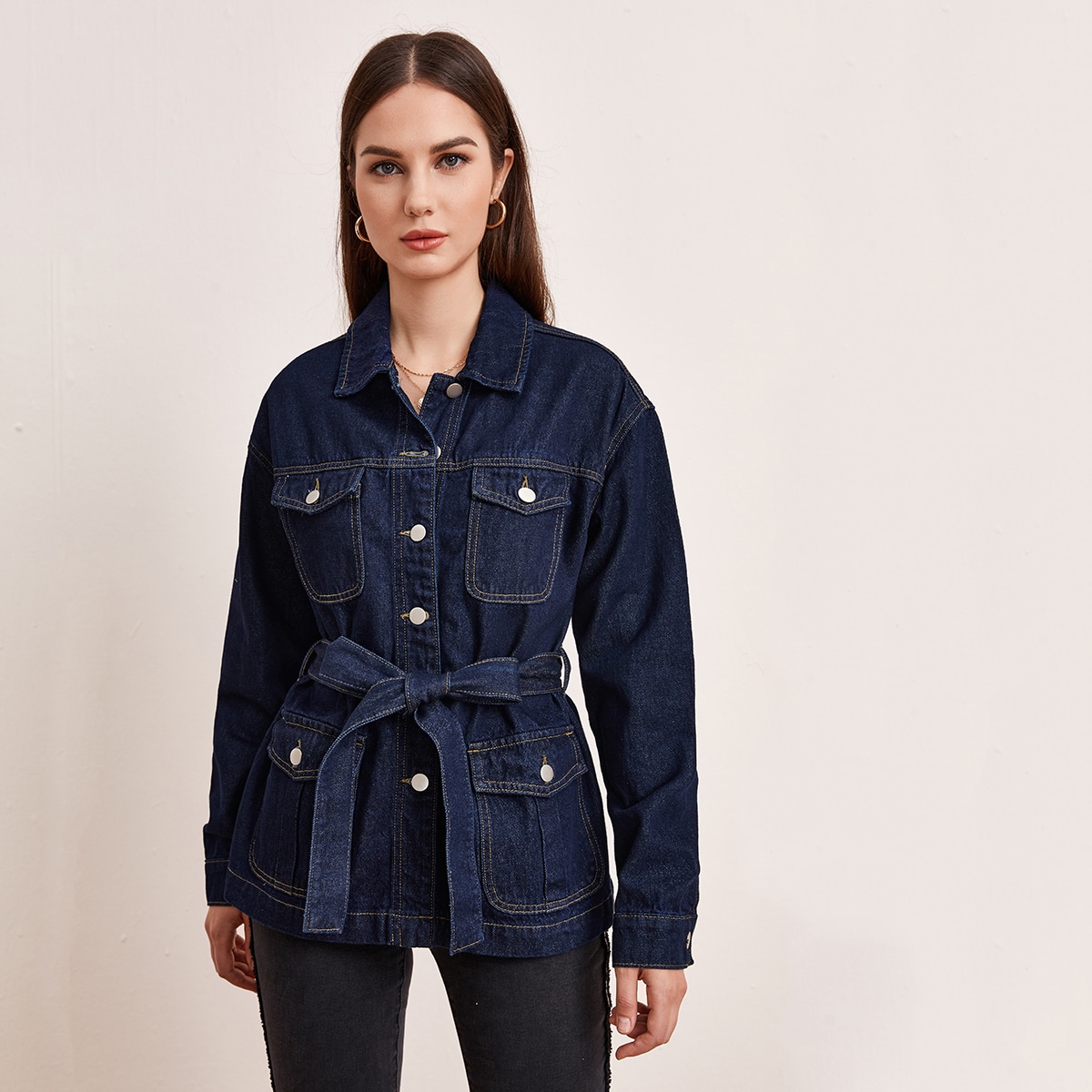 Image of Button Front Flap Pocket Belted Denim Jacket
