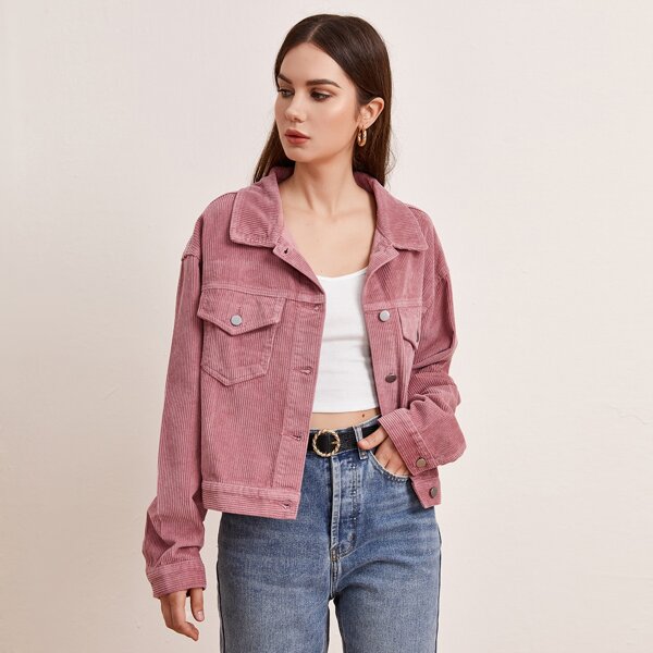 

Drop Shoulder Flap Pocket Cord Jacket, Dusty pink