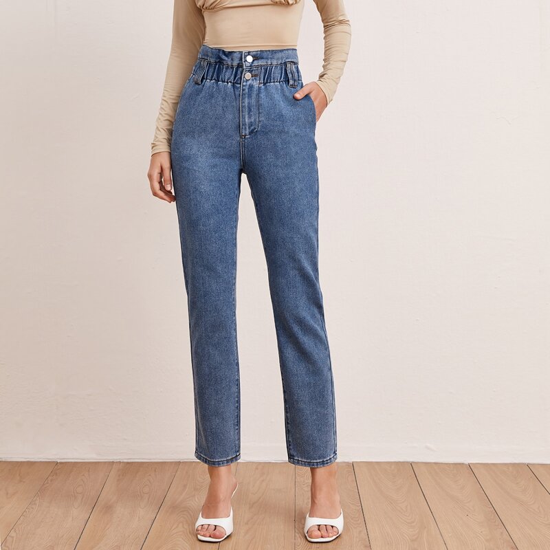 

Paperbag Waist Straight Leg Jeans, Medium wash